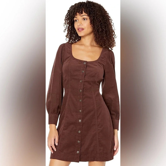 Madewell Corduroy Seamed Long-Sleeve Mini Dress in Chocolate Raisin color SZ 0 P - Picture 4 of 13